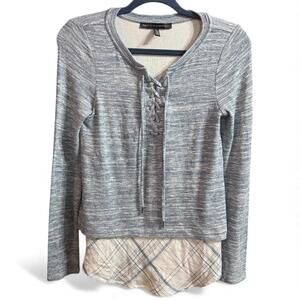 White House Black Market Top Shirt Blue Gray Lace-Up Plaid Layered Hem Size XS